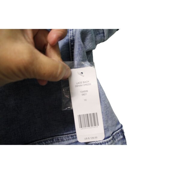 NWT bebe Lace Back Denim Dress 104509 Size 10 With Puff Sleeves MSRP $129 - Picture 4 of 11